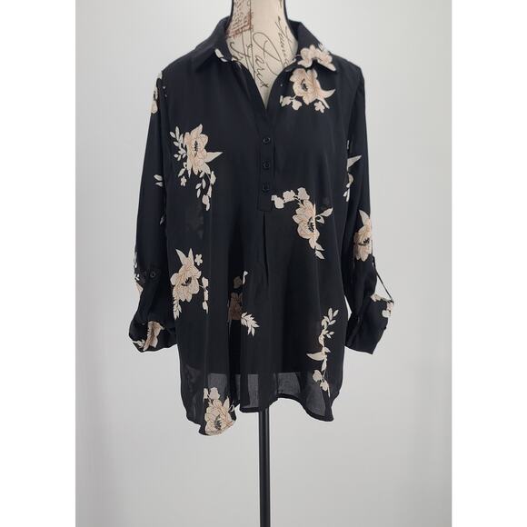 Petal Dew Tops - Petal Dew ladies blouse black white floral Size XL